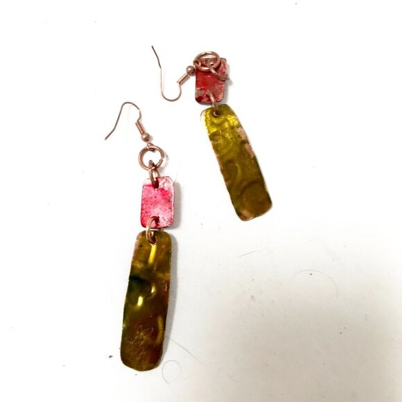Green Red Pure Hand Painted Solid Copper Dangle Earrings Boho Christmas Gift - Picture 10 of 13